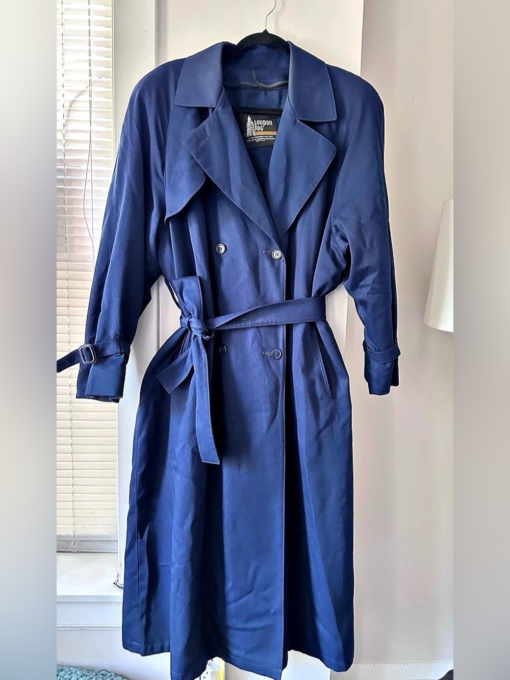 Vintage London Fog Navy Blue Double-Breasted Trench Coat w/ Zip-Out Liner Sz 14